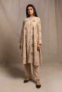 Set of 2: Ecru Hand block Printed Bust-side Gathered Tunic Dress with Ecru straight fit narrow pants image 1