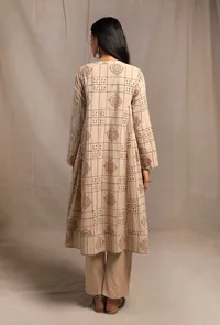 Set of 2: Ecru Hand block Printed Bust-side Gathered Tunic Dress with Ecru straight fit narrow pants image 3