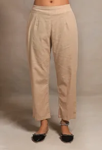 Set of 2: Ecru Hand block Printed Bust-side Gathered Tunic Dress with Ecru straight fit narrow pants image 4