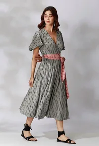 Black And Grey Ikkat Wrap Around Dress With Maroon Belt image 1