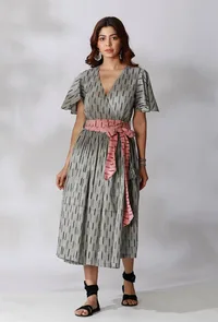 Black And Grey Ikkat Wrap Around Dress With Maroon Belt image 2
