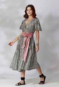 Black And Grey Ikkat Wrap Around Dress With Maroon Belt image 3
