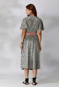Black And Grey Ikkat Wrap Around Dress With Maroon Belt image 4