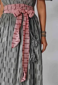 Black And Grey Ikkat Wrap Around Dress With Maroon Belt image 5