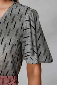 Black And Grey Ikkat Wrap Around Dress With Maroon Belt image 6