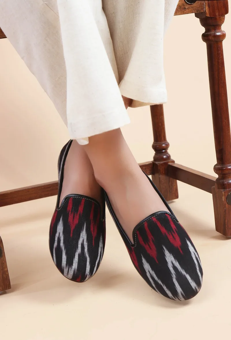 Black, Red & Grey Ikat Flat Cruelty Free Leather Ballerina