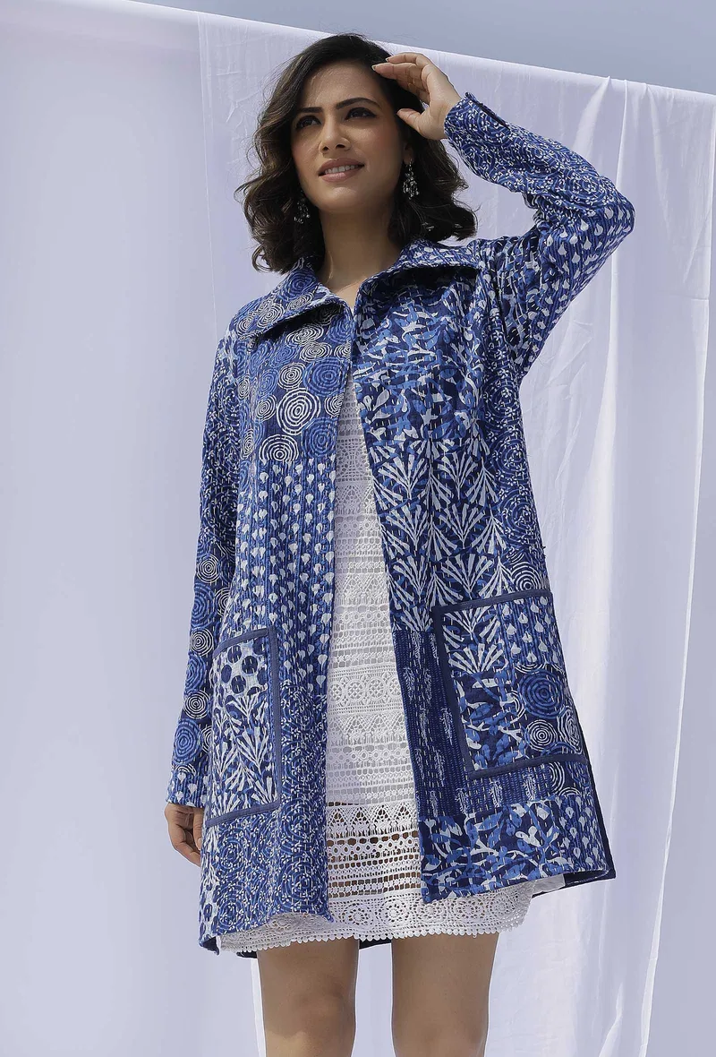 Blue Medium Length Cotton Kantha Jacket