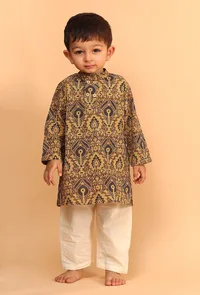 Set Of 2: Ativ Khaki Ajrakh Print Cotton Kurta & Off White Pyjama image 1