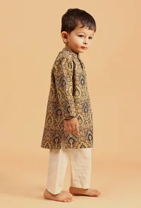 Set Of 2: Ativ Khaki Ajrakh Print Cotton Kurta & Off White Pyjama image 2