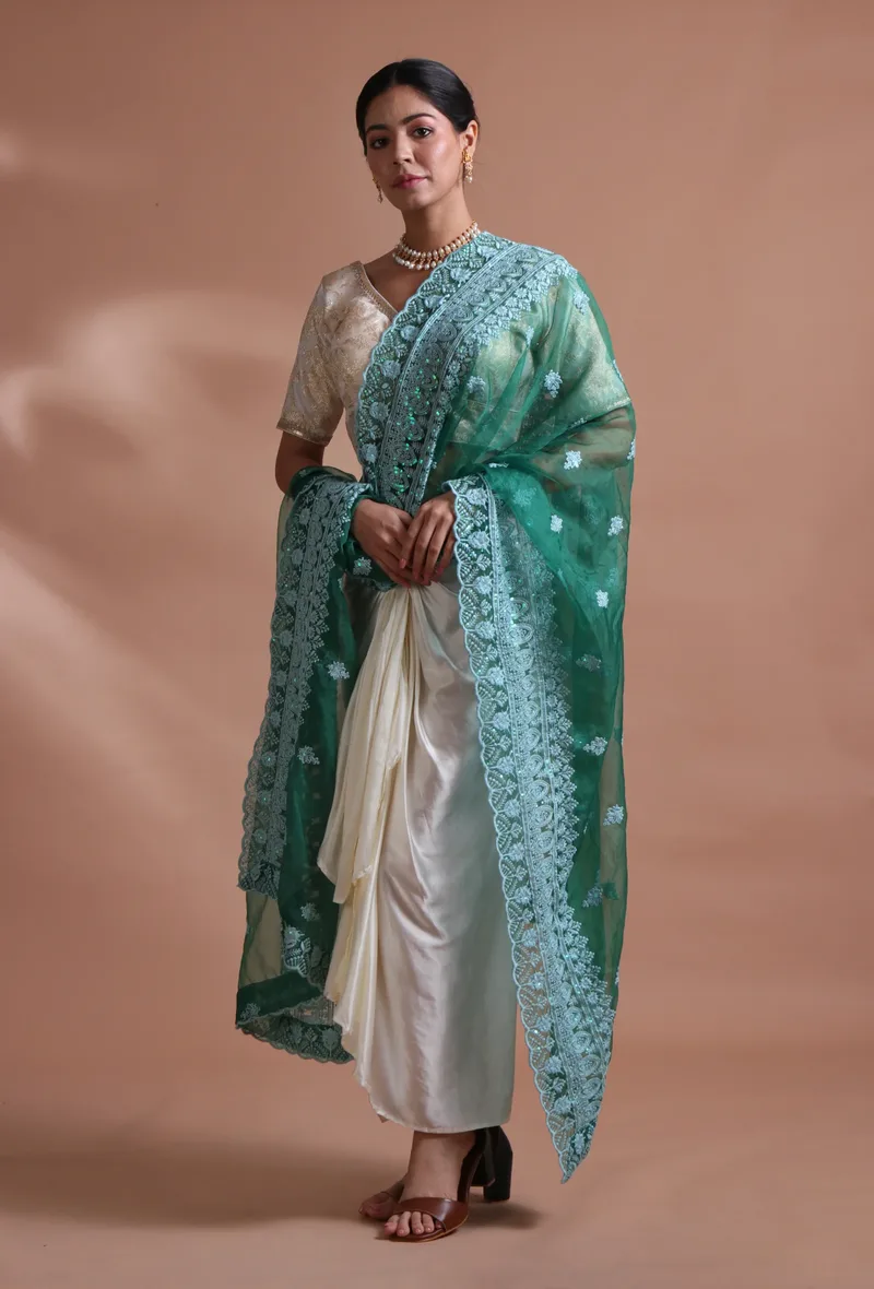 Green Color Silk Organza Embroidered Dupatta