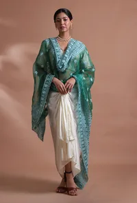 Green Color Silk Organza Embroidered Dupatta image 3