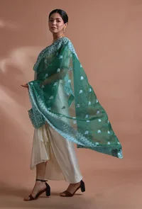 Green Color Silk Organza Embroidered Dupatta image 4