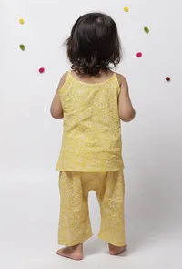 Set of 2 : Sehar Yellow Kota Slip Top With Floral Handblock Printed Cotton Elastic Pants image 5