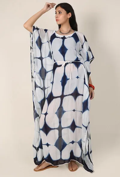 Indigo and White Clamp Dyed String Kaftan