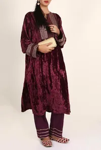 Wine Red Zari Patchwork Chenille Phiran image 1