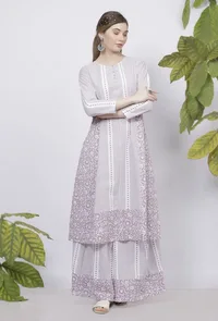 Lilac Floral Stripes Hand-Block Printed A line Cotton Kurta image 1