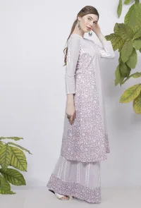 Lilac Floral Stripes Hand-Block Printed A line Cotton Kurta image 2