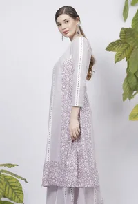 Lilac Floral Stripes Hand-Block Printed A line Cotton Kurta image 3