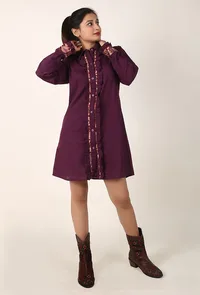 Maroon Ruffle Cotton Slub Shirt Dress With Kalamkari Cuffs image 1