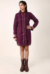 Maroon Ruffle Cotton Slub Shirt Dress With Kalamkari Cuffs image 2