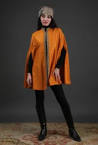 Parehaa Mustard Cashmilon Front-Open Overlay Cape With Ajrakh Detailing image 1