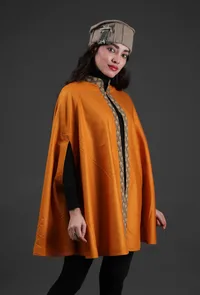 Parehaa Mustard Cashmilon Front-Open Overlay Cape With Ajrakh Detailing image 2