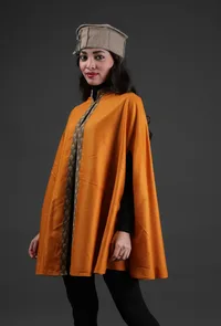 Parehaa Mustard Cashmilon Front-Open Overlay Cape With Ajrakh Detailing image 3