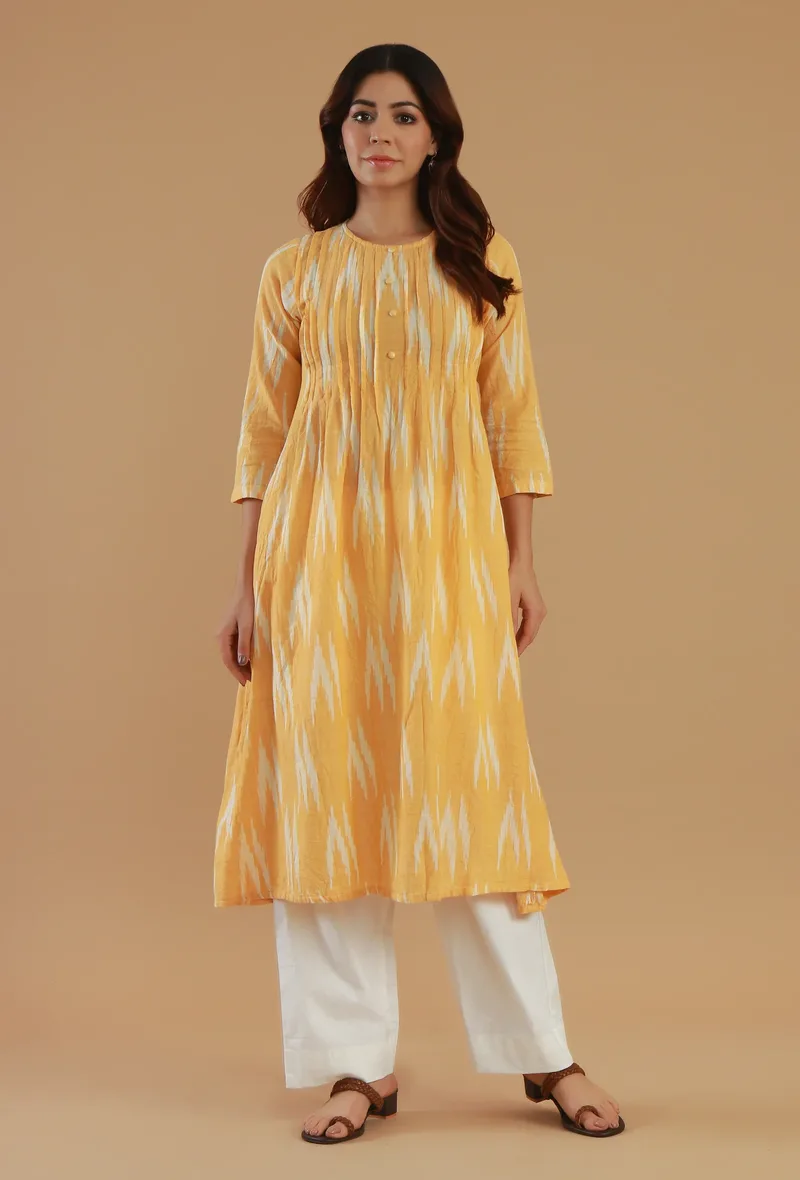 Set of 2: Yellow Ikat Cotton Gathered Kurta with White Straight Pant Set