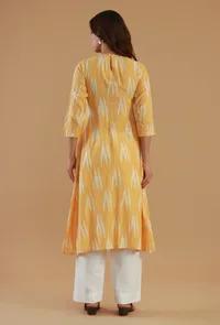Set of 2: Yellow Ikat Cotton Gathered Kurta with White Straight Pant Set image 3