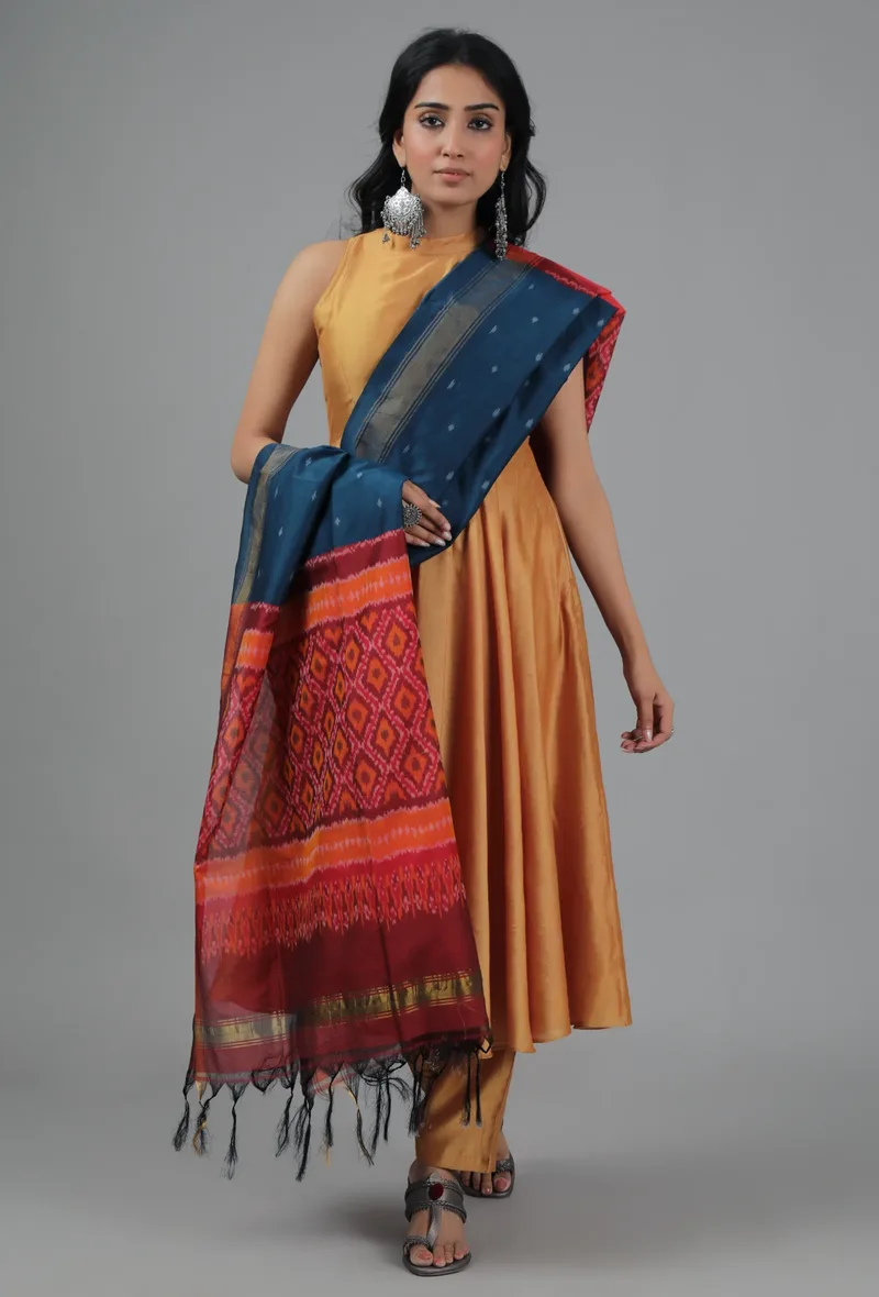 Peacock Blue & Red-Orange Ikat Dupatta