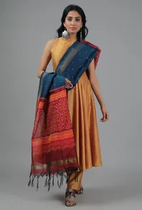 Peacock Blue & Red-Orange Ikat Dupatta image 1