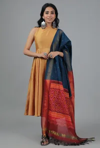 Peacock Blue & Red-Orange Ikat Dupatta image 2