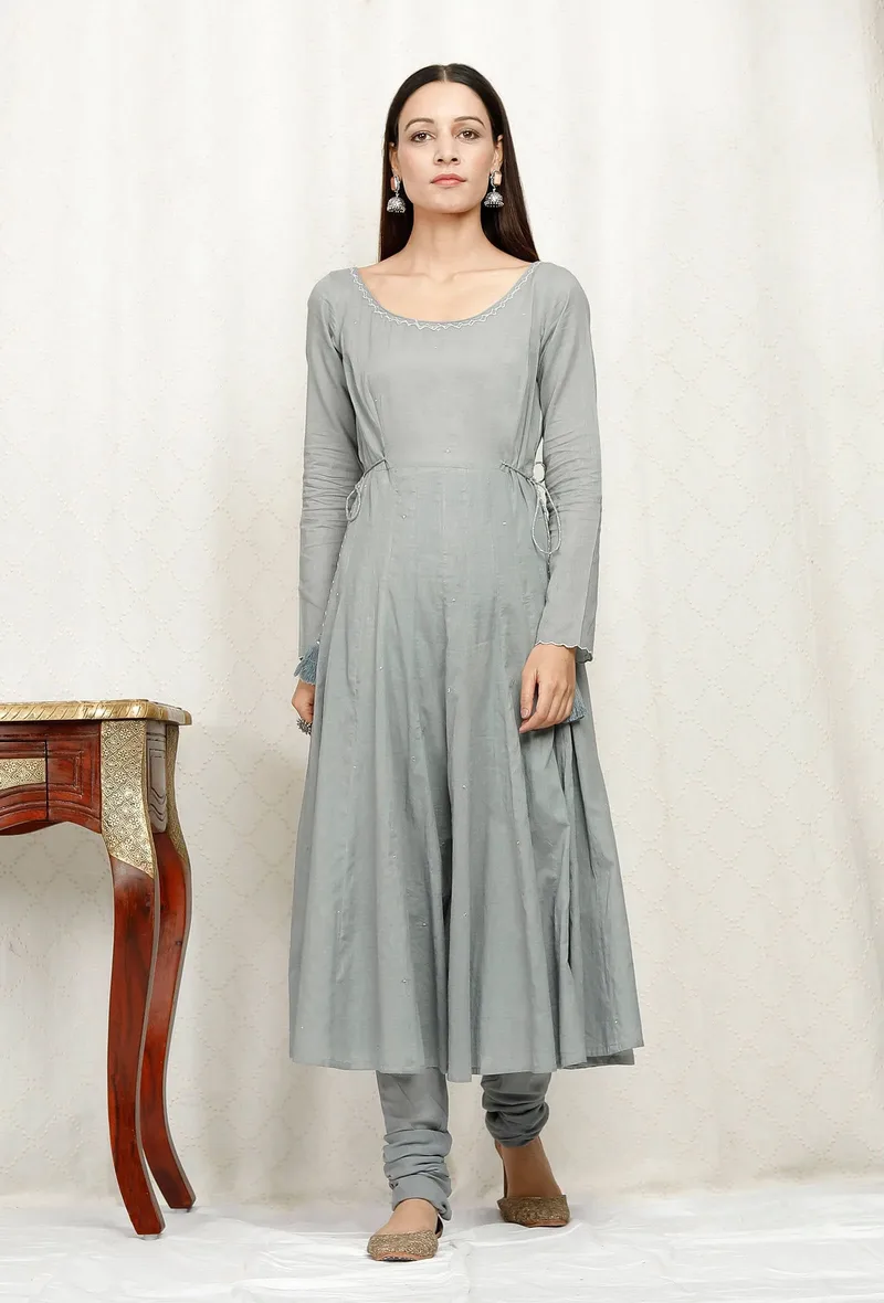 Zari Embroidered Grey Cotton Kurta