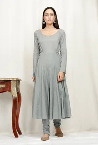 Zari Embroidered Grey Cotton Kurta image 1