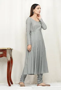 Zari Embroidered Grey Cotton Kurta image 3