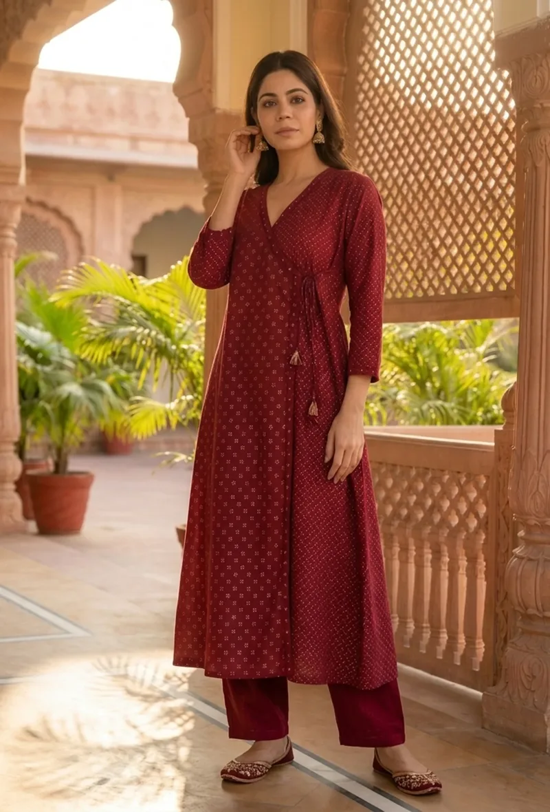 Maroon Hand Block Printed Angrakha Kurta with Tassel Details