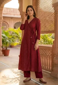 Maroon Hand Block Printed Angrakha Kurta with Tassel Details image 1