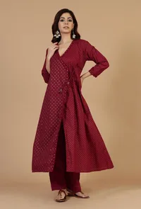 Maroon Hand Block Printed Angrakha Kurta with Tassel Details image 2