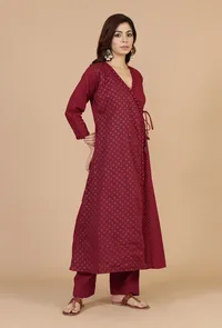 Maroon Hand Block Printed Angrakha Kurta with Tassel Details image 3