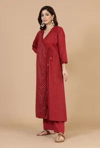 Maroon Hand Block Printed Angrakha Kurta with Tassel Details image 4