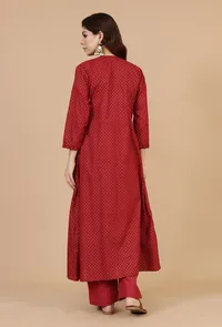 Maroon Hand Block Printed Angrakha Kurta with Tassel Details image 5