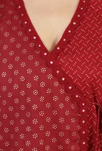 Maroon Hand Block Printed Angrakha Kurta with Tassel Details image 6