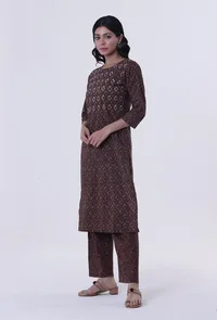 Set Of 2: Block Printed Green Color Cotton Kurta & Pant image 2