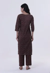 Set Of 2: Block Printed Green Color Cotton Kurta & Pant image 3