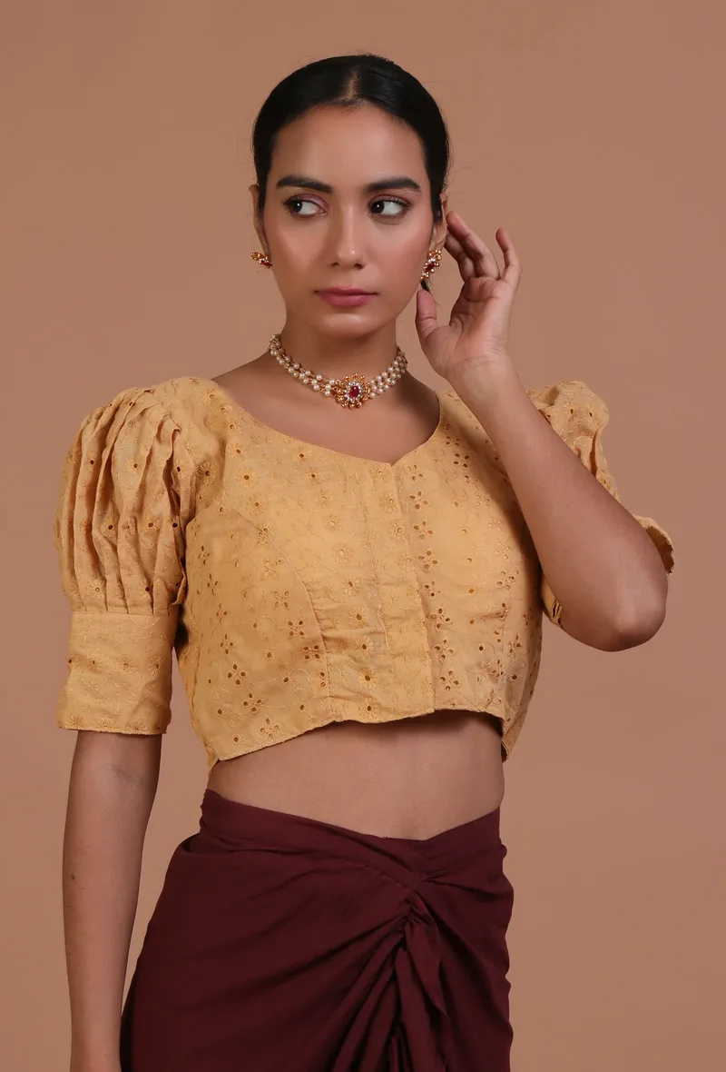 Golden Color Cotton Chikankari Blouse