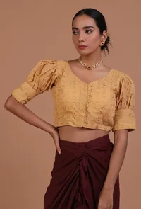 Golden Color Cotton Chikankari Blouse image 4
