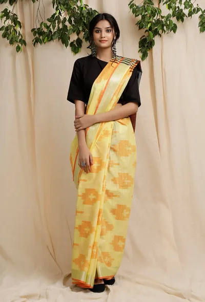Tuscan Yellow Cotton Ikkat Saree With Blouse Piece