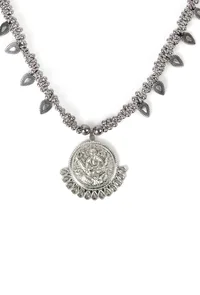 German Silver Designer Ganpati Pendant With Ghunghru Leaf Long Chain Necklace image 3
