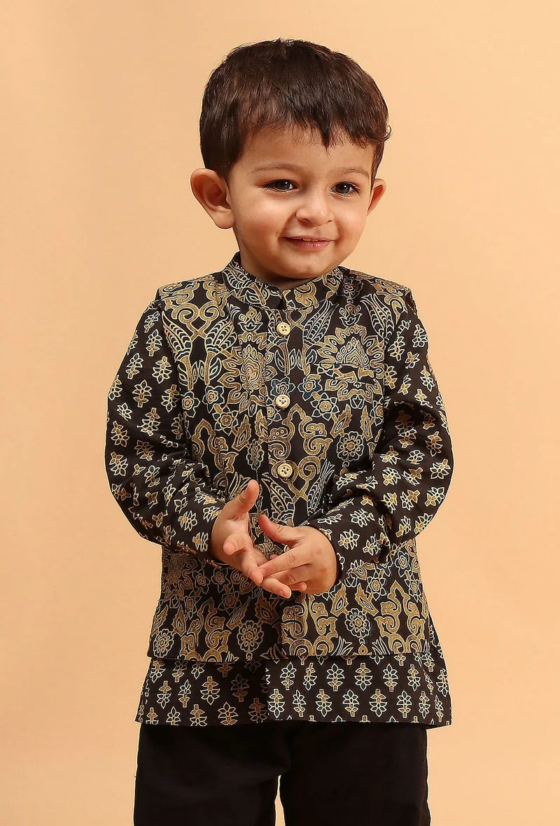 Parv Black Ajrakh Print Cotton Nehru Jacket