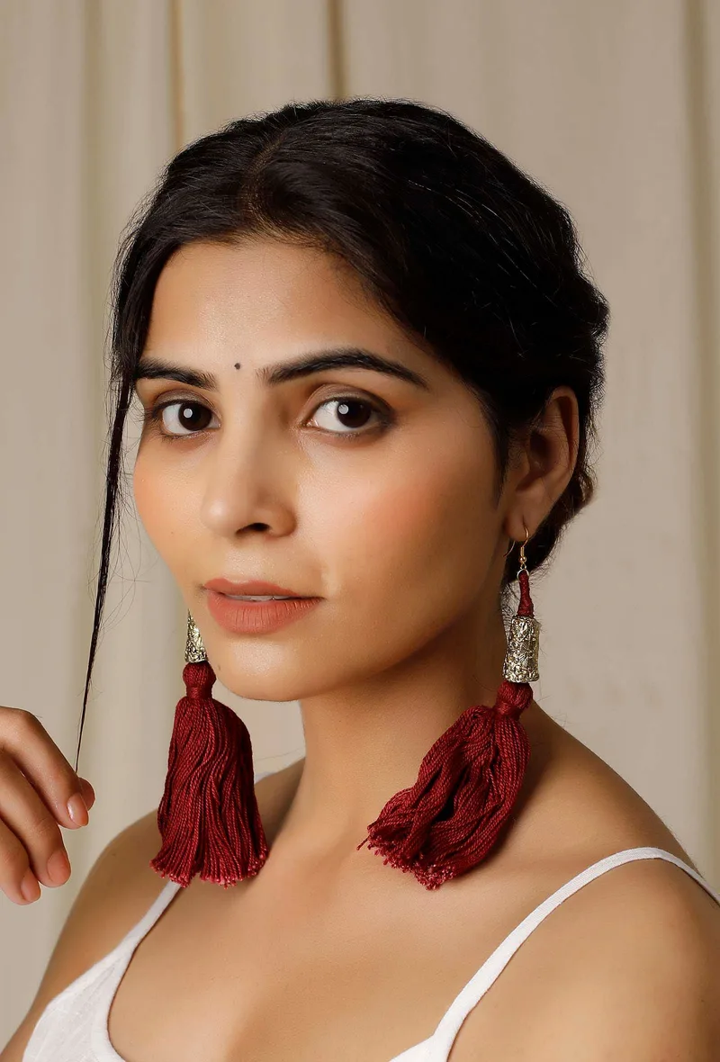 Maroon Tassels Tribal Earrings
